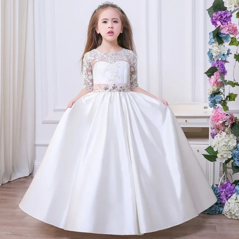 White Satin Appliques With Bow Jewels Belt Half Sleeve For Wedding Birthday Party First Communion Gowns Flower Girl Dresses
White Satin Appliques With Bow Jewels Belt Half Sleeve For Wedding Birthday Party First Communion Gowns Flower Girl Dresses