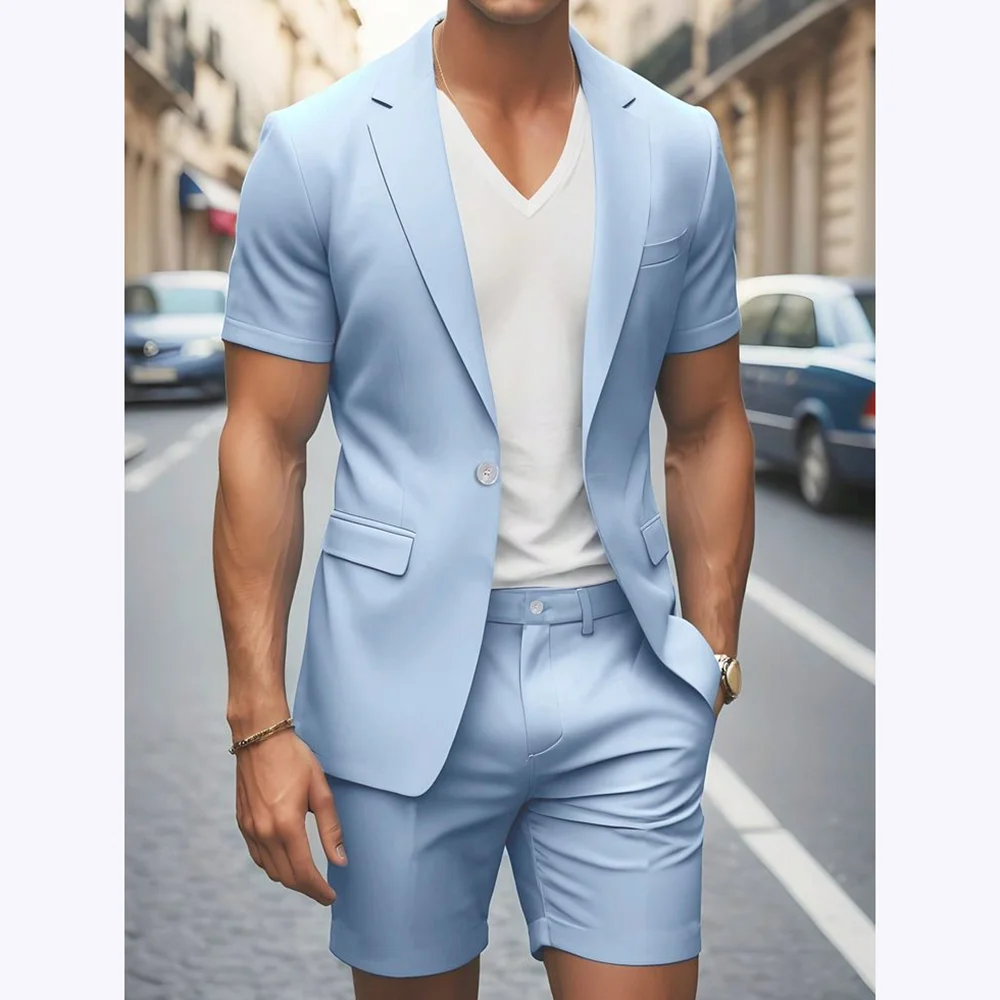 Sky Blue Men's Suits Summer Short Sleeves Suit Chic One Button Notch Lapel Slim Fit Prom High Street Daily Casual Man Set
Sky Blue Men's Suits Summer Short Sleeves Suit Chic One Button Notch Lapel Slim Fit Prom High Street Daily Casual Man Set