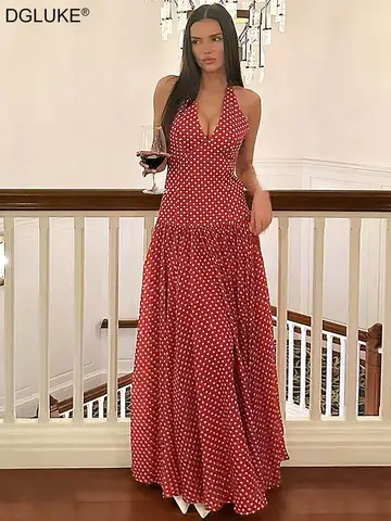DGLUKE Red Polka Dot Vintage Long Dress For Women V-Neck Drop Waist Fit And Flare Summer Dress Halter Backless Party Dresses