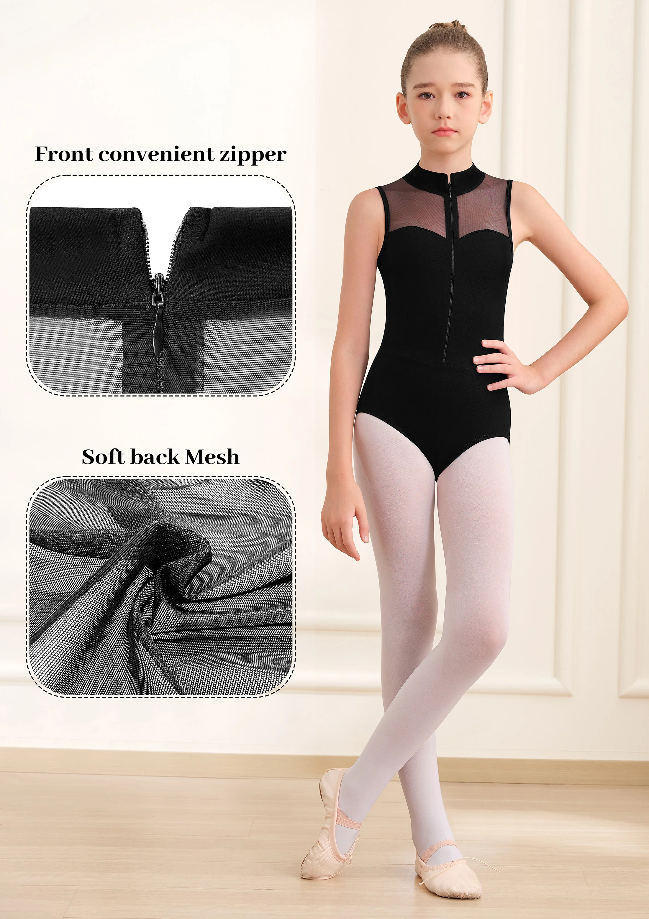 Girls Turtleneck Dance Leotard Ballet Leotard for Girls Front zipper Full Mesh Back Splicing Neckline
Girls Turtleneck Dance Leotard Ballet Leotard for Girls Front zipper Full Mesh Back Splicing Neckline
