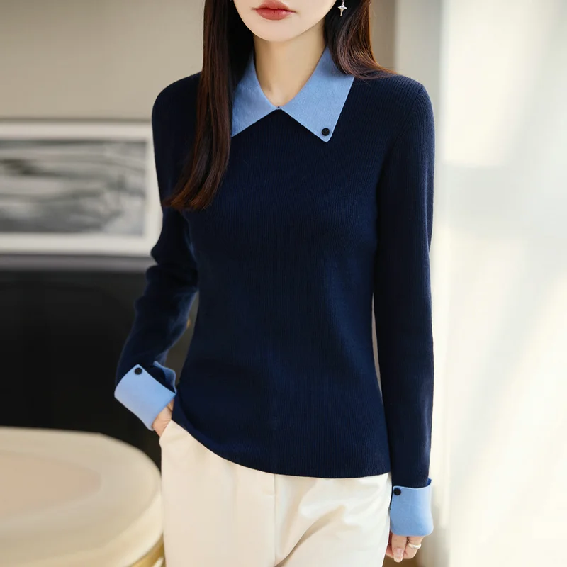 Women's fine spun 100% wool pullover sweater casual patchwork knitted sweater Turn down collar Tops slim fit Jumper Blouse
Women's fine spun 100% wool pullover sweater casual patchwork knitted sweater Turn down collar Tops slim fit Jumper Blouse