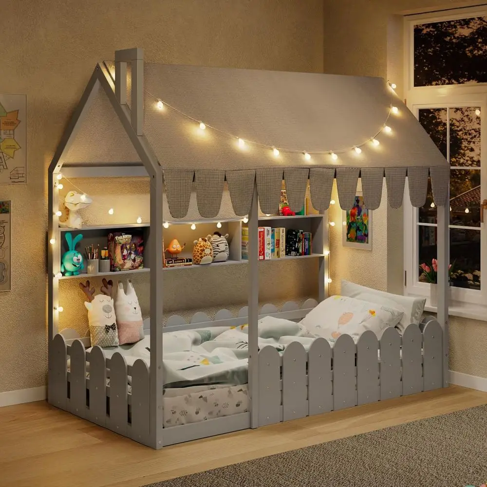 Twin Size Montori Houseloor Bed with Kiithence Railings, Tent, Lights, Wooden Bed with 3 Storage Shelves, Gray
Twin Size Montori Houseloor Bed with Kiithence Railings, Tent, Lights, Wooden Bed with 3 Storage Shelves, Gray