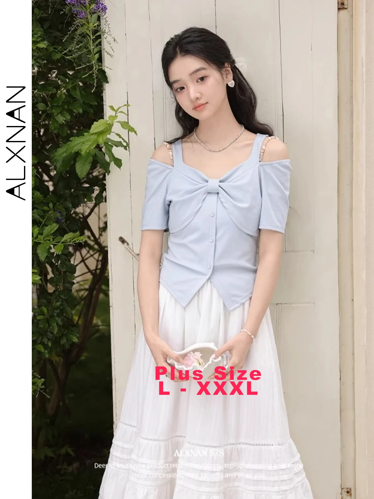ALXNAN Plus Size Women's Blue T-shirt Bow Design Off-shoulder Elegant T-shirt 2025 Summer Cotton Short Sleeve Tops Ladies D10263
ALXNAN Plus Size Women's Blue T-shirt Bow Design Off-shoulder Elegant T-shirt 2025 Summer Cotton Short Sleeve Tops Ladies D10263