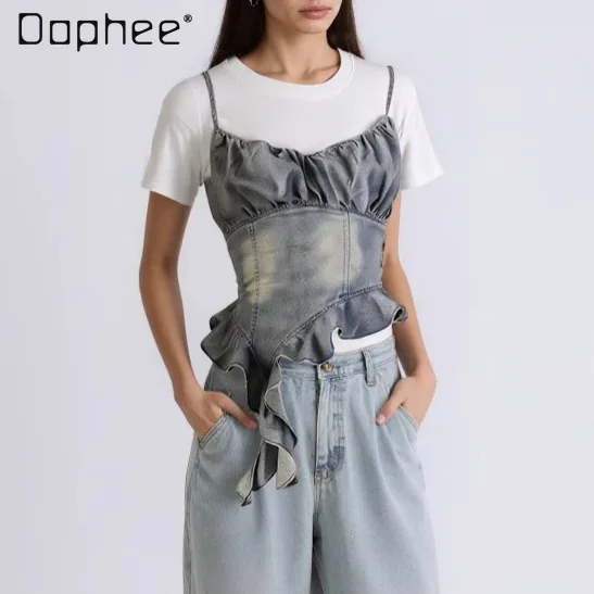 Korean Spice Girl Irregular Washing Denim Splicing Short-sleeved T-shirt Women Summer New Fashion Pleated Ruffle Edge Sexy Top
Korean Spice Girl Irregular Washing Denim Splicing Short-sleeved T-shirt Women Summer New Fashion Pleated Ruffle Edge Sexy Top