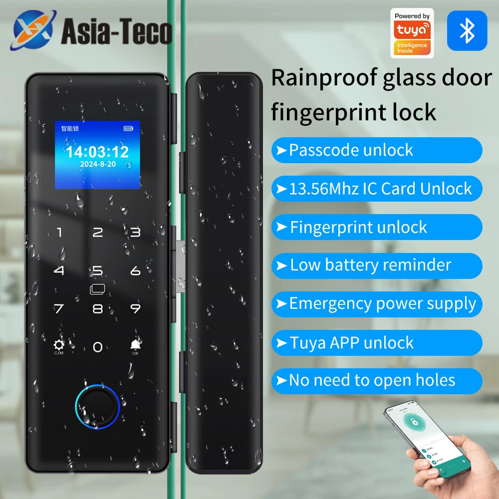 IP54 Waterproof Bluetooth Fingerprint Electronic Glass Door Lock Supports Remote Control and Tuya App Smart Door Lock
IP54 Waterproof Bluetooth Fingerprint Electronic Glass Door Lock Supports Remote Control and Tuya App Smart Door Lock