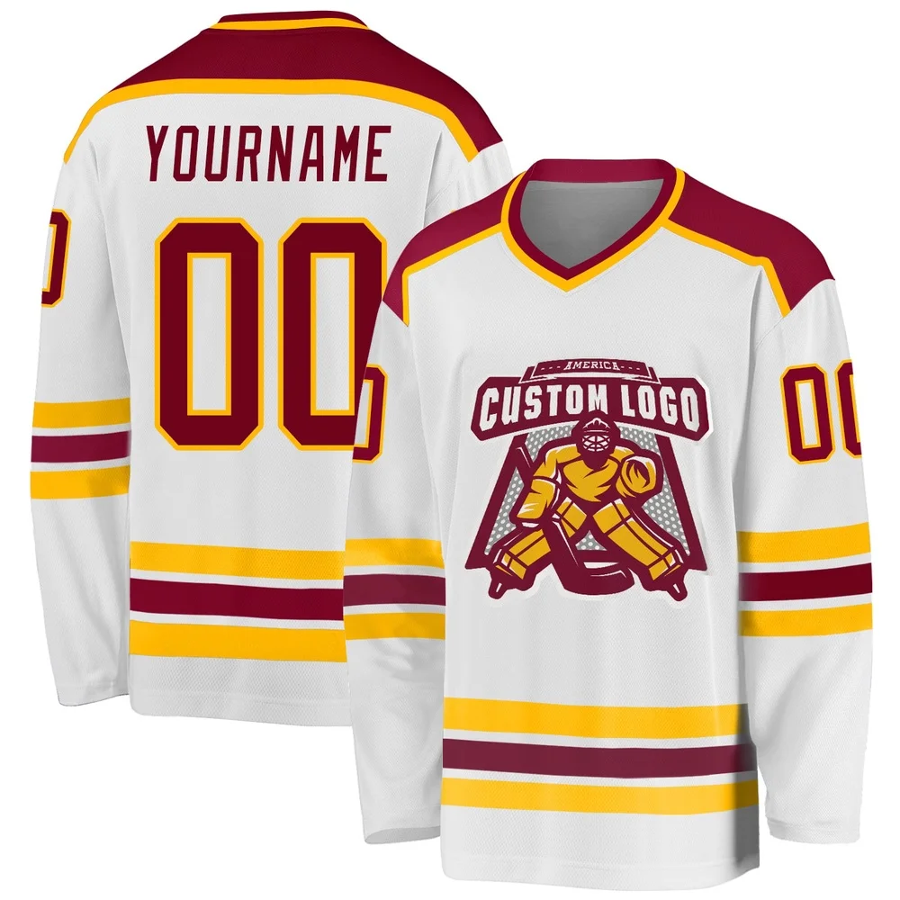Custom Name & Logo White Maroon Gold 3D Printed Fashion Mens Hockey Jersey Summer Unisex Personali Sport Team Jersey Shirt BQ-09
Custom Name & Logo White Maroon Gold 3D Printed Fashion Mens Hockey Jersey Summer Unisex Personali Sport Team Jersey Shirt BQ-09