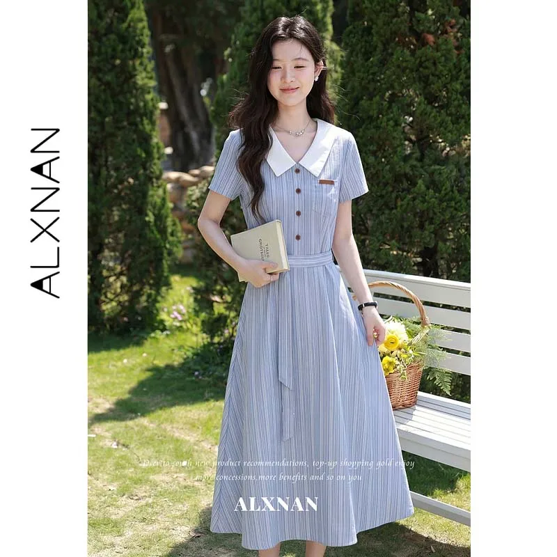 ALXNAN French Blue Stripe Dress Women Summer New Lapel Belt Waist Cinched Elegant Commuter Long Dress Female Clothing L66590A
ALXNAN French Blue Stripe Dress Women Summer New Lapel Belt Waist Cinched Elegant Commuter Long Dress Female Clothing L66590A