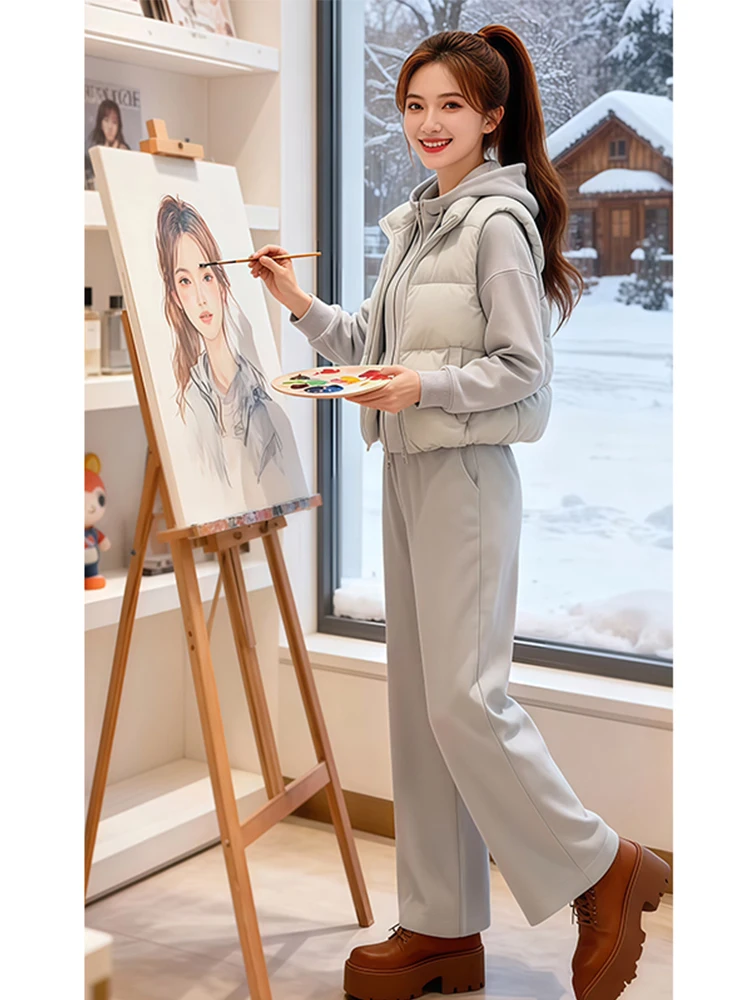 Autumn Winter Women's Fleece Lined down Cotton Vest Set Casual High Waist Pants Hoodie Zipper Closure Three Piece Fashionable...
Autumn Winter Women's Fleece Lined down Cotton Vest Set Casual High Waist Pants Hoodie Zipper Closure Three Piece Fashionable...