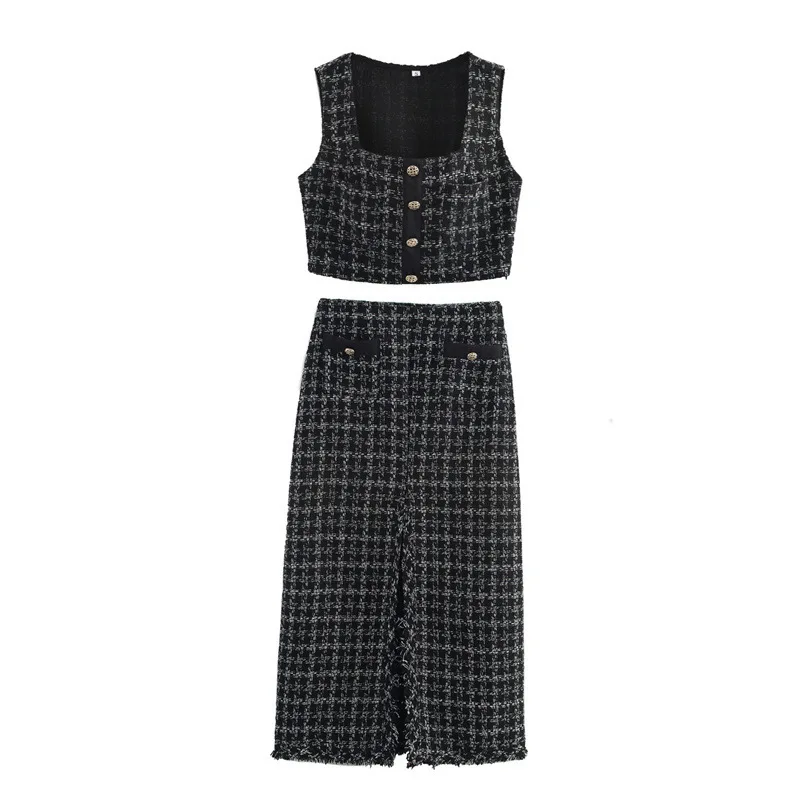 Fashionable Chunky Tweed Two Piece Skirt Set Block Sleeveless Long Dress Elegant Single Breasted O-neck Vests High Waist Skirt
Fashionable Chunky Tweed Two Piece Skirt Set Block Sleeveless Long Dress Elegant Single Breasted O-neck Vests High Waist Skirt
