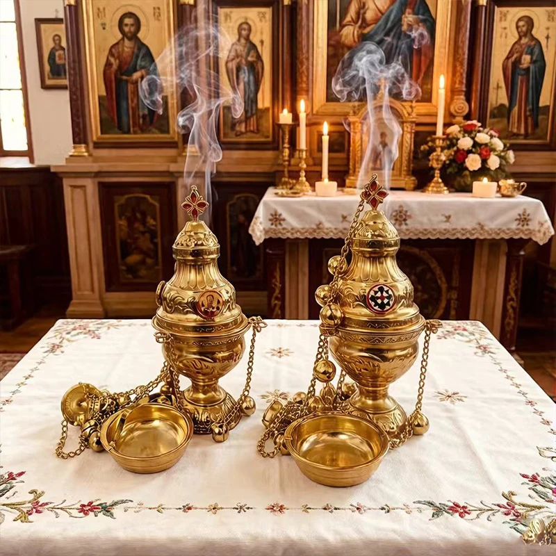 Gold Plated Orthodox Thurible Incense Burner with Enamel Icon & Chain for Priest Liturgy Church Altar Religious Service Decor
Gold Plated Orthodox Thurible Incense Burner with Enamel Icon & Chain for Priest Liturgy Church Altar Religious Service Decor
