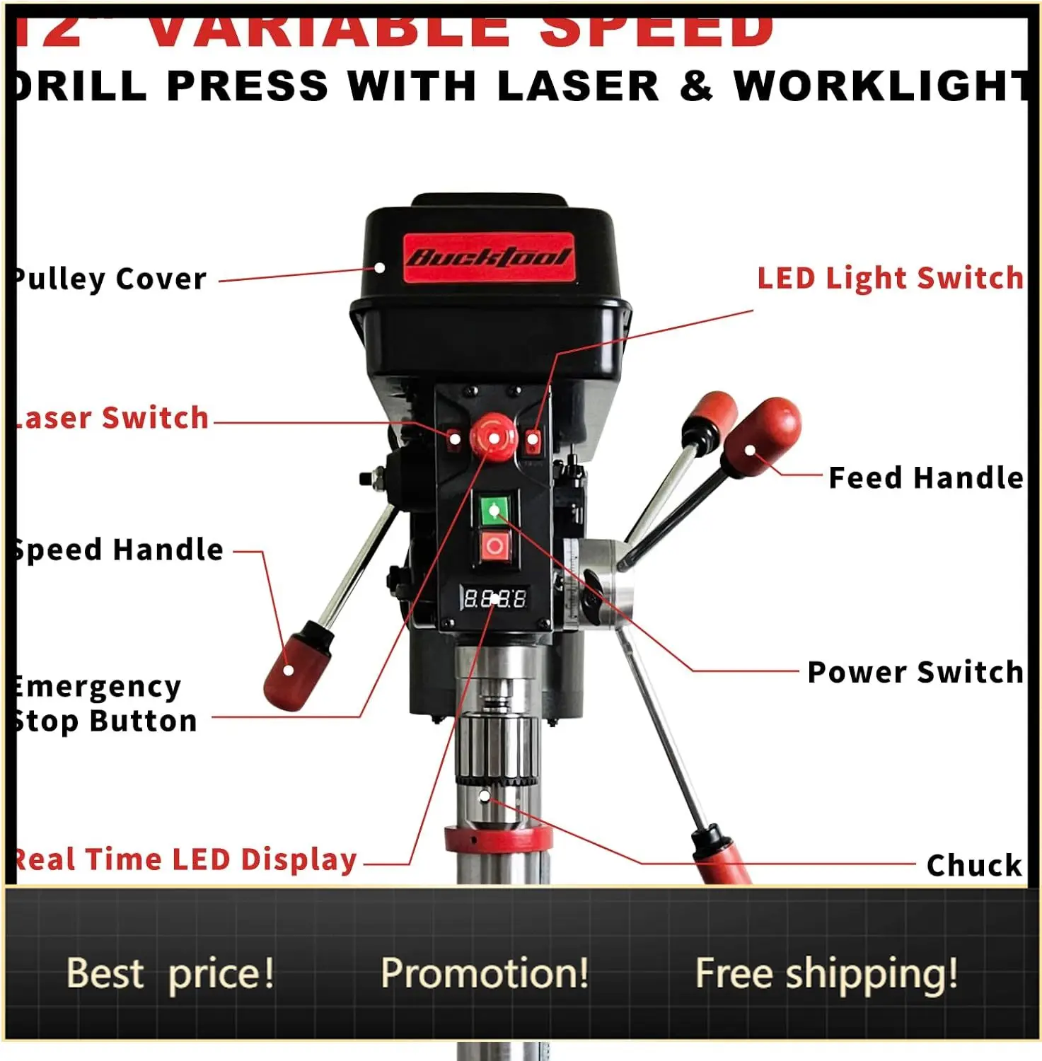 12'' 6 Pole Motor Variable Speed Benchtop Drill Press 360–2000RPM, 3/4HP Powerful Bench Drill Press with Laser and Worklight, Lo
12'' 6 Pole Motor Variable Speed Benchtop Drill Press 360–2000RPM, 3/4HP Powerful Bench Drill Press with Laser and Worklight, Lo