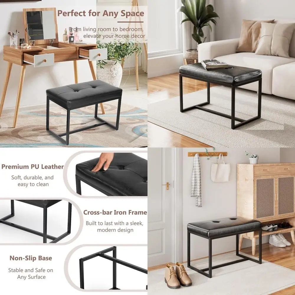 Padded Leather Ottoman Bench with Metal Frame, Ideal for Vanity, Makeup, Living Room, Entryway, Bathroom in Black
Padded Leather Ottoman Bench with Metal Frame, Ideal for Vanity, Makeup, Living Room, Entryway, Bathroom in Black
