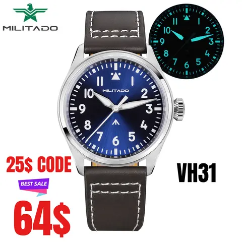 Militado ML21 Sapphire Watch VH31 Sweep/Swiss Ronda 515 Quartz Watch 37mm BGW9 Lume 100m Water Resistant Genuine Leather Strap