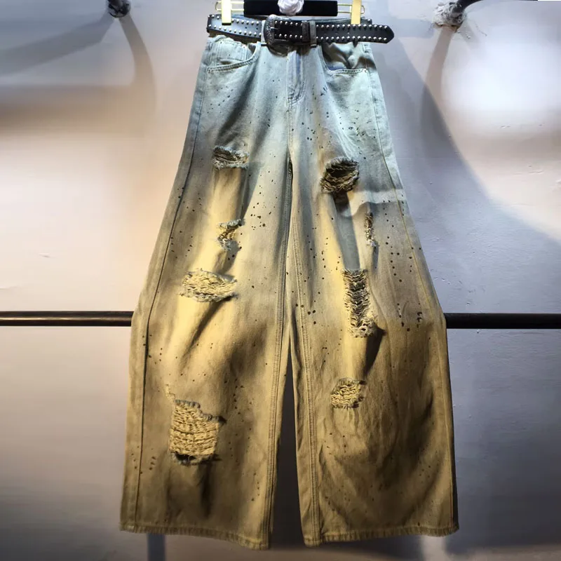 2025 Summer New High Waist Thin Painted Inkjet Brushed Ripped Wide Leg Straight Jeans Trousers for Women, European Fashion Cloth 
2025 Summer New High Waist Thin Painted Inkjet Brushed Ripped Wide Leg Straight Jeans Trousers for Women, European Fashion Cloth