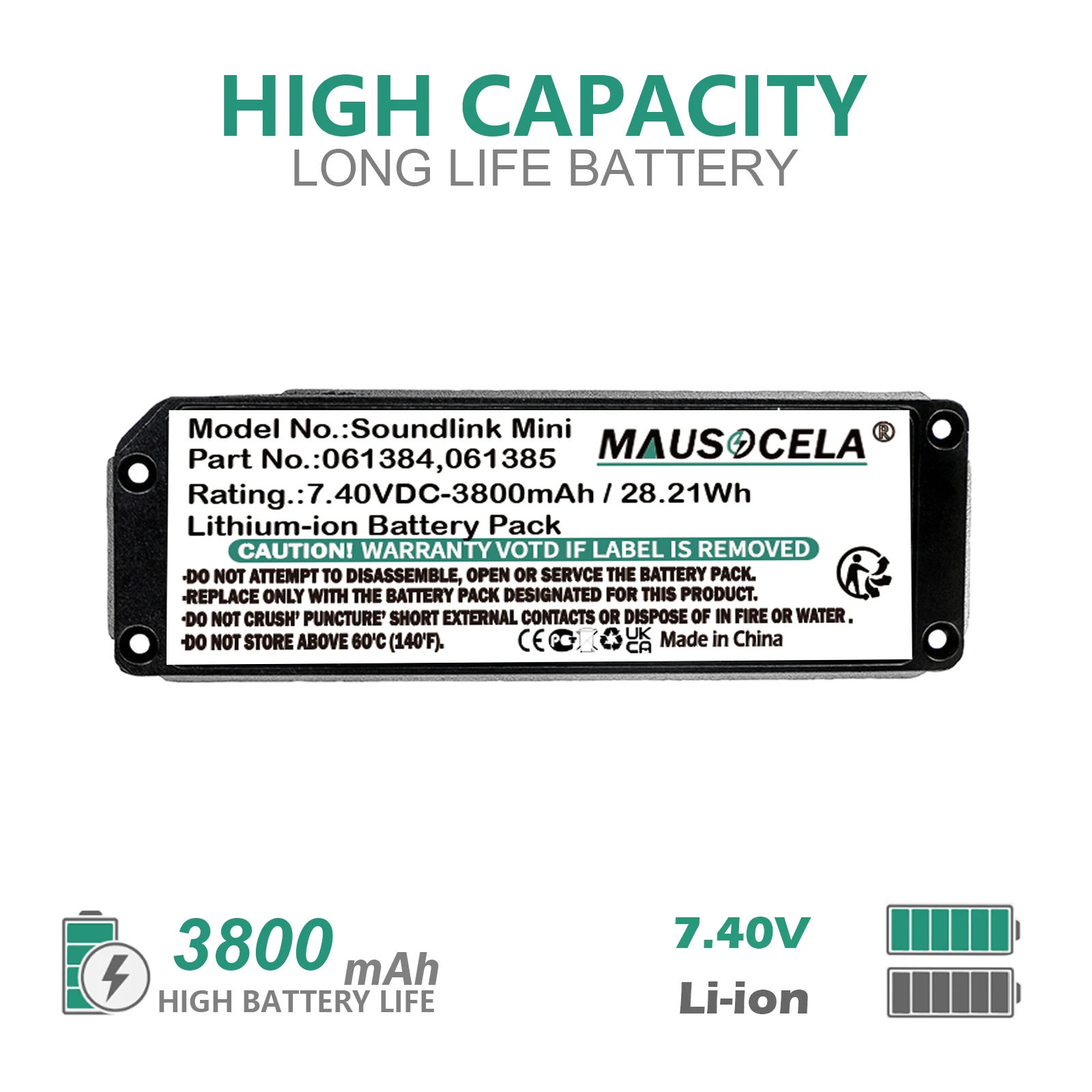 3800mAh/28.21Wh Speaker Battery For BOSE:Soundlink Mini,SoundLink Mini one,413295,061384,061385,061386,061834 , Li-ion , 7.40V
3800mAh/28.21Wh Speaker Battery For BOSE:Soundlink Mini,SoundLink Mini one,413295,061384,061385,061386,061834 , Li-ion , 7.40V