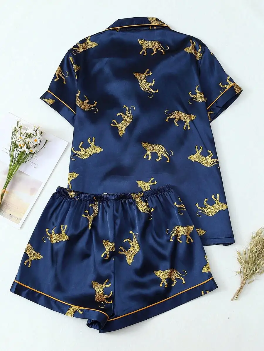 Women Satin Pajama Set Blue Leopard Tiger Print Short Sleeve Top And Shorts
Women Satin Pajama Set Blue Leopard Tiger Print Short Sleeve Top And Shorts