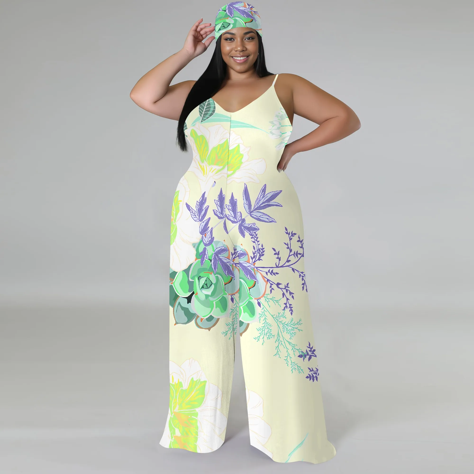 Plus Size Boho Jumpsuit - Vintage Floral Print Wide Leg Romper with Headscarf, Summer Beach Palazzo Pants for Women
Plus Size Boho Jumpsuit - Vintage Floral Print Wide Leg Romper with Headscarf, Summer Beach Palazzo Pants for Women