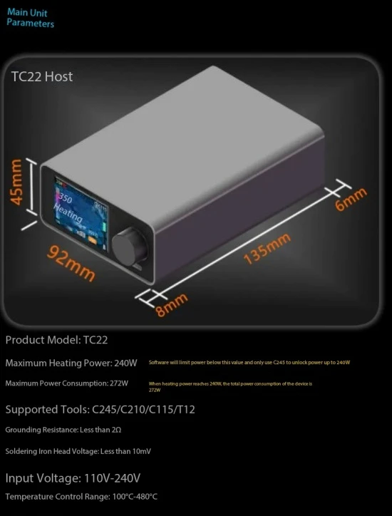TC22 240W Soldering Station Kit with SDC02 Soldering Iron Stand + T245/T210 Handle + C245/C210 Soldering Iron Tip
TC22 240W Soldering Station Kit with SDC02 Soldering Iron Stand + T245/T210 Handle + C245/C210 Soldering Iron Tip