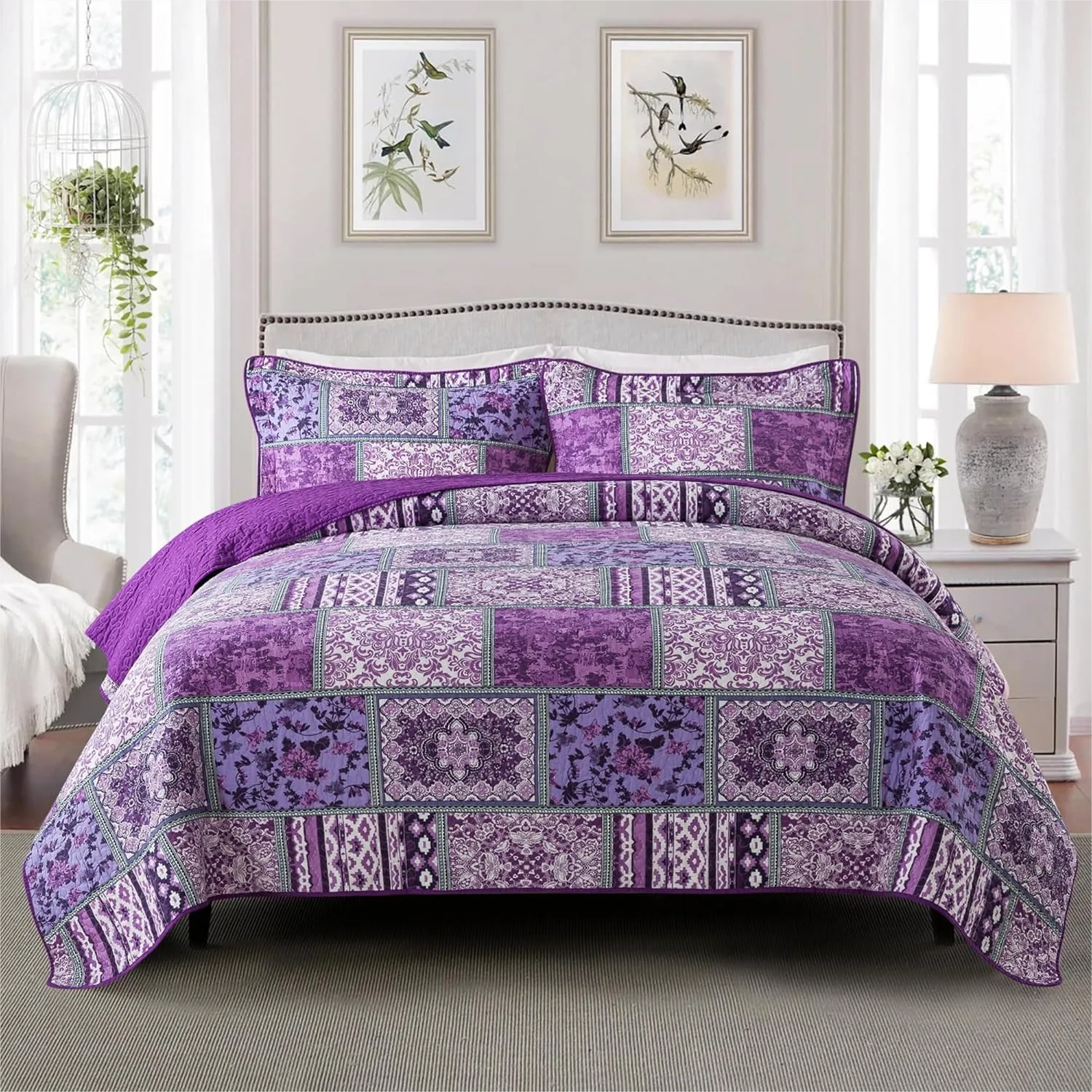 Queen Size Quilt Set, Purple Boho Floral Plaid Bedspread Coverlet, 3 Pieces Lightweight Reversible Bedding Set for All Season
Queen Size Quilt Set, Purple Boho Floral Plaid Bedspread Coverlet, 3 Pieces Lightweight Reversible Bedding Set for All Season