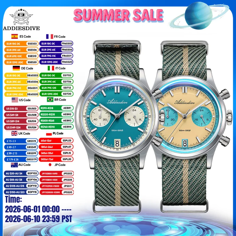 ADDIESDIVE Hot Sale AD2095 Man‘s Chronograph Watch BGW9 Super Luminous 10Bar Waterproof VK64 Quartz Steel Watch
ADDIESDIVE Hot Sale AD2095 Man‘s Chronograph Watch BGW9 Super Luminous 10Bar Waterproof VK64 Quartz Steel Watch