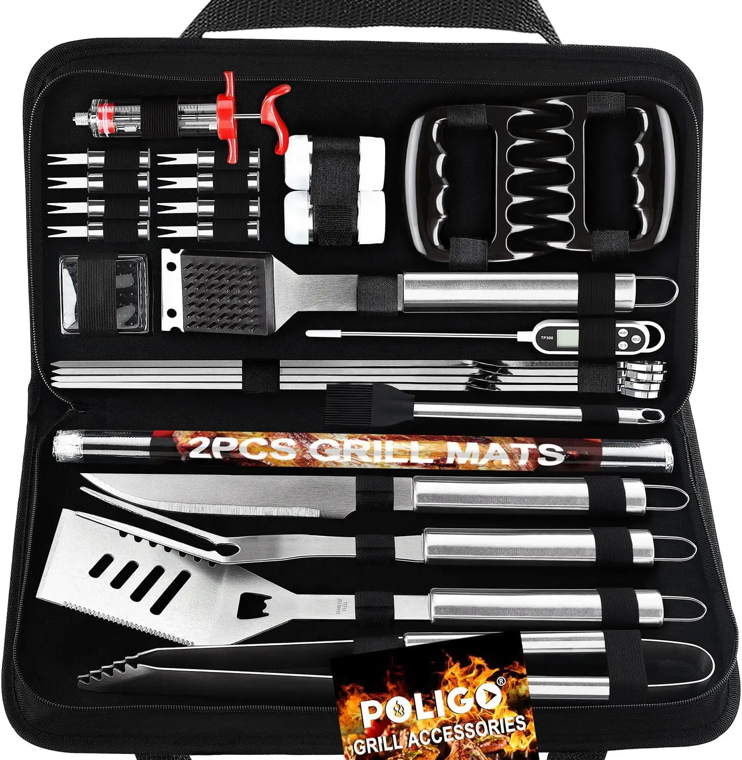 28PC Premium BBQ Grill Accessories Set with Carrying Bag, Thermometer, and Utensils for Grilling Gifts
28PC Premium BBQ Grill Accessories Set with Carrying Bag, Thermometer, and Utensils for Grilling Gifts
