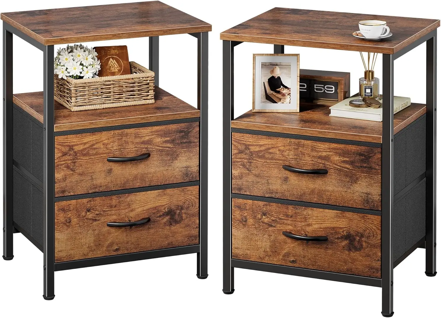 Night Stand Set 2, Bedside Table with 2 Drawers & Open Shelf, Wooden Top, Fabric Drawers, Rustic Brown
Night Stand Set 2, Bedside Table with 2 Drawers & Open Shelf, Wooden Top, Fabric Drawers, Rustic Brown