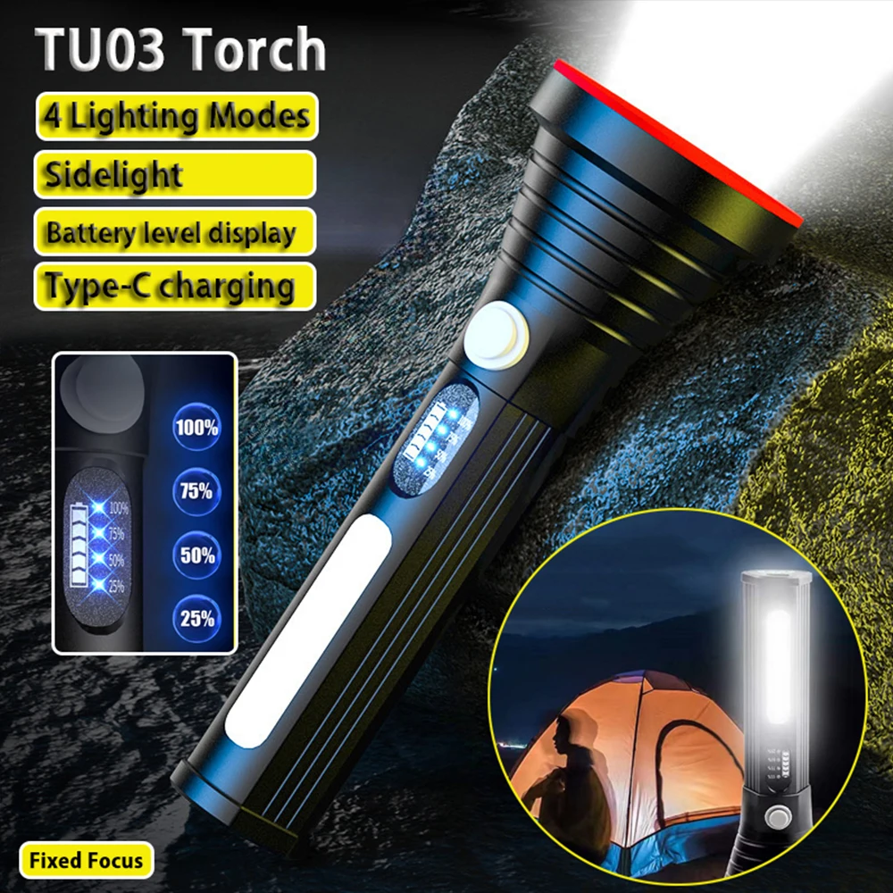 Portable Led Flashlight With Battery level display and Side Light USB Rechargeable Torch Hand Lantern For Camping, Outdoor,home
Portable Led Flashlight With Battery level display and Side Light USB Rechargeable Torch Hand Lantern For Camping, Outdoor,home