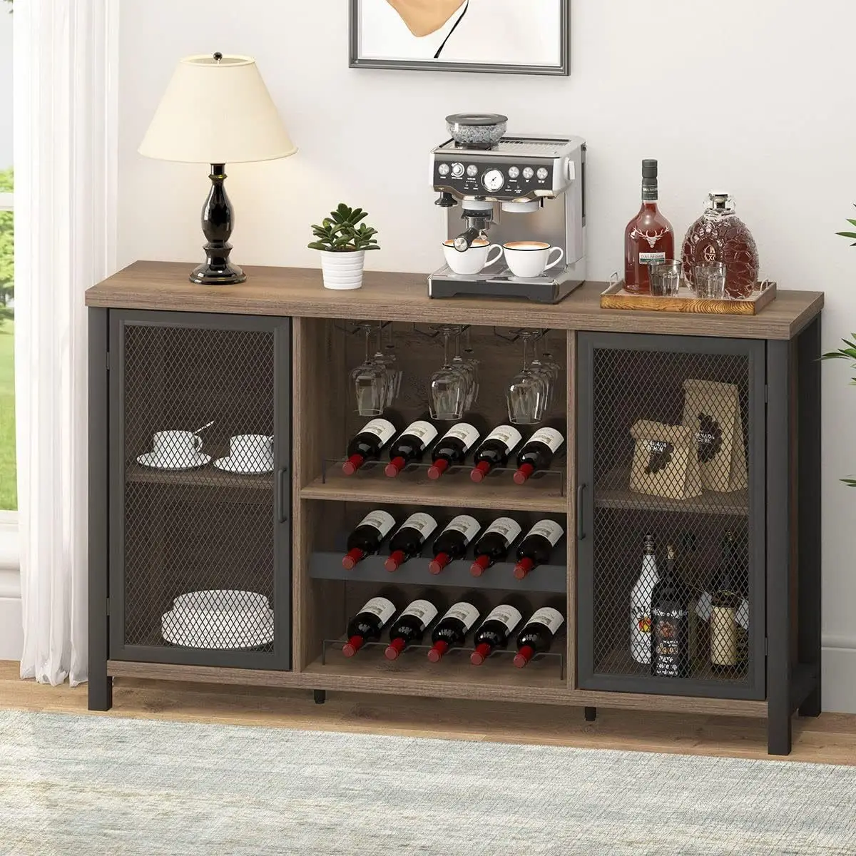 Custom furniture industrial wine bar cabinet combined with storage rack iron and wood
Custom furniture industrial wine bar cabinet combined with storage rack iron and wood