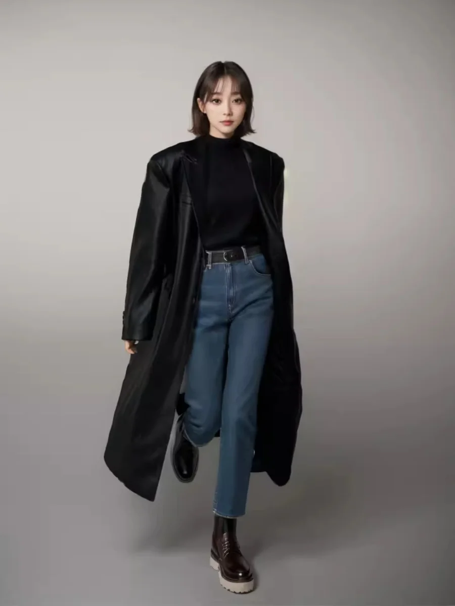 Elegant Black Midi Leather Jacket Women's Loose Over-Knee Suit Coat Korean Style Long Sleeve Straight Cut Polyester Fiber
Elegant Black Midi Leather Jacket Women's Loose Over-Knee Suit Coat Korean Style Long Sleeve Straight Cut Polyester Fiber