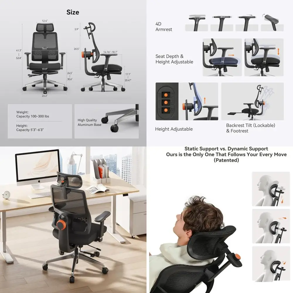 Ergonomic Office Chair: Home Desk Chair with Adjustable Lumbar Support, Footrest, 4D Armrests, Seat Depth & Height
Ergonomic Office Chair: Home Desk Chair with Adjustable Lumbar Support, Footrest, 4D Armrests, Seat Depth & Height