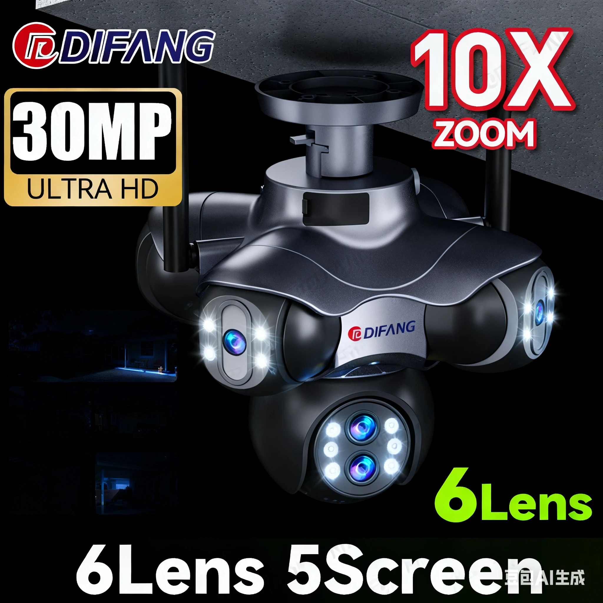 DIFANG Ultimate 30-мегапиксельная камера безопасности: 6 объективов с 5 экранами, 10-кратным зумом PTZ, автоматическое отслеживание, наружное наблюдение Wi-Fi CCTV
DIFANG Ultimate 30-мегапиксельная камера безопасности: 6 объективов с 5 экранами, 10-кратным зумом PTZ, автоматическое отслеживание, наружное наблюдение Wi-Fi CCTV