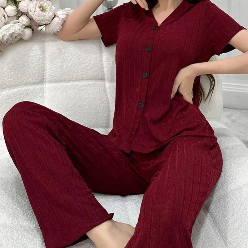 Women Summer Pajamas Set Short Sleeve V-neck Solid Rib T-shirt with Pants Loose Sleepwear Homewear Female Casual Loungewear
Women Summer Pajamas Set Short Sleeve V-neck Solid Rib T-shirt with Pants Loose Sleepwear Homewear Female Casual Loungewear
