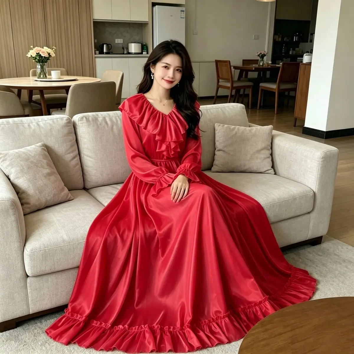 Elegant Glossy Ruffles Red Women Satin Long Dress Ice Silk Night Dress Sleeping Robe
Elegant Glossy Ruffles Red Women Satin Long Dress Ice Silk Night Dress Sleeping Robe
