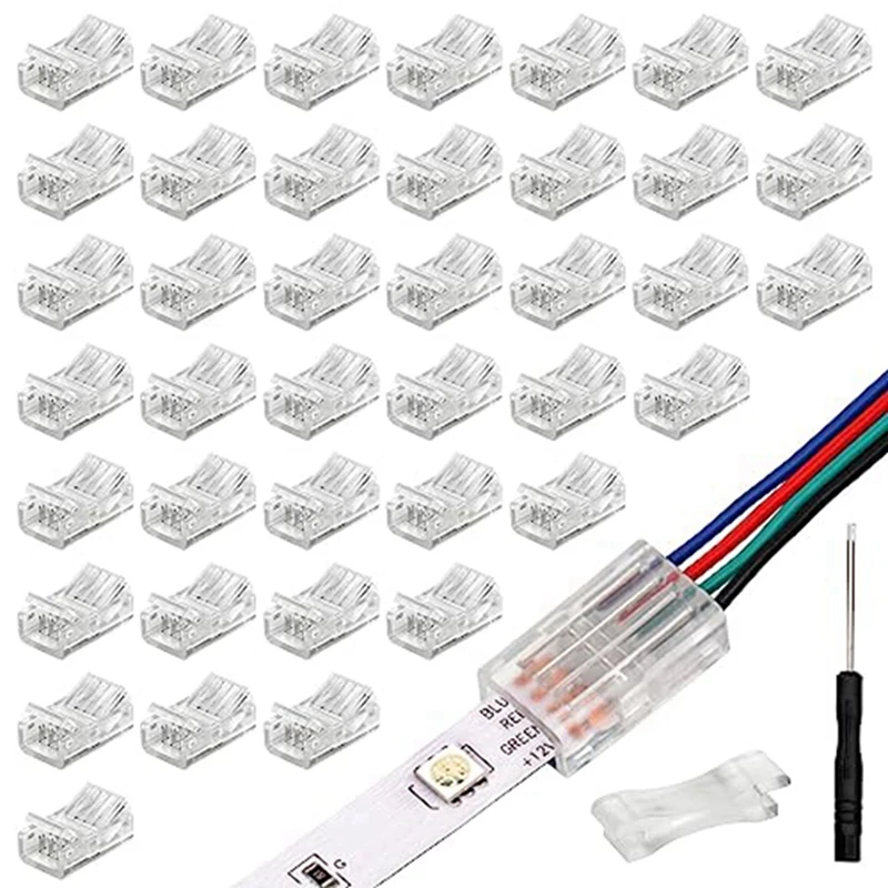 40 Pack RGB LED Light Strip Connectors 4-Pin 10Mm Solderless LED Strip To Wire Quick Connector, Waterproof Adapter
40 Pack RGB LED Light Strip Connectors 4-Pin 10Mm Solderless LED Strip To Wire Quick Connector, Waterproof Adapter