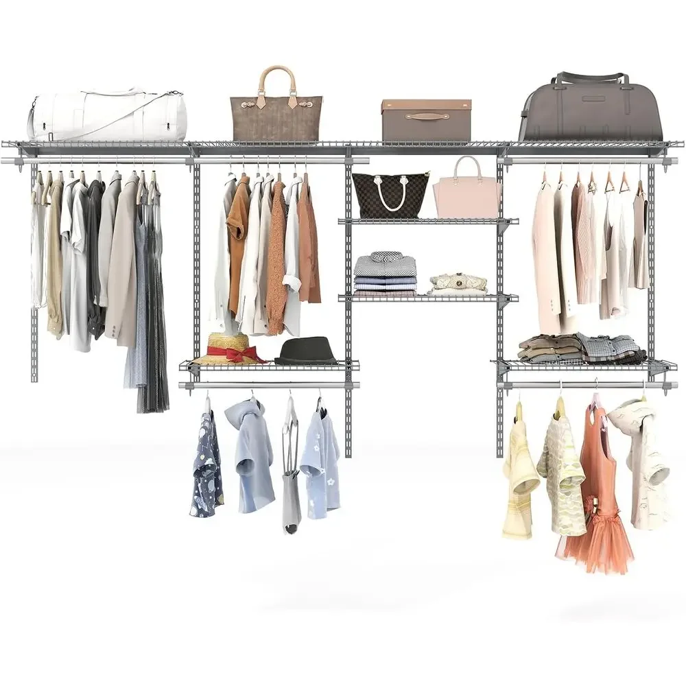Gray Wall-Mounted Adjustable Closet Organizer System with Hanging Rods for Clothes, Coats, Pillows, and Blankets
Gray Wall-Mounted Adjustable Closet Organizer System with Hanging Rods for Clothes, Coats, Pillows, and Blankets