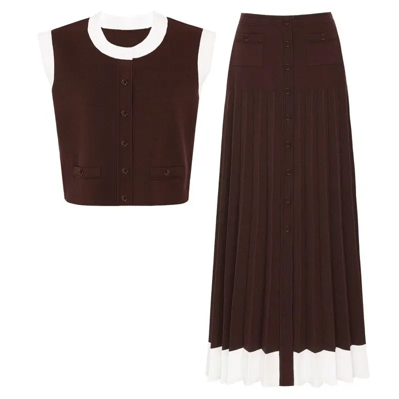 Fashionable Color Block Knitted Sleeveless Top And Pleated Midi Skirt Two Piece Set for Women Spring Summer Collection
Fashionable Color Block Knitted Sleeveless Top And Pleated Midi Skirt Two Piece Set for Women Spring Summer Collection