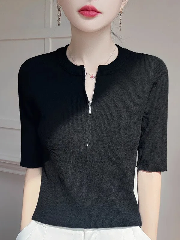 Slim Fit Ice Silk Knitted Short Sleeve T-Shirt Women's round Neck Half Zipper Drapey Top Spring Summer Style Comfortable Cool...
Slim Fit Ice Silk Knitted Short Sleeve T-Shirt Women's round Neck Half Zipper Drapey Top Spring Summer Style Comfortable Cool...