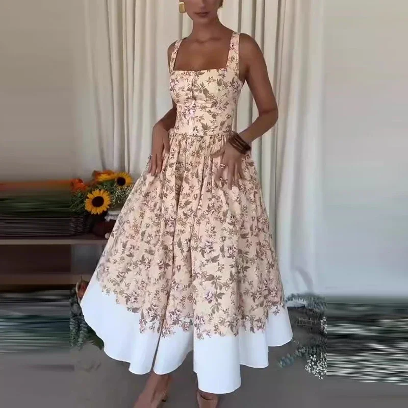 New Floral Printed Sleeveless Long Dress Elegant Square Collar High Waist Halter Dress Women Fashion Pleated Button Swing Dress
New Floral Printed Sleeveless Long Dress Elegant Square Collar High Waist Halter Dress Women Fashion Pleated Button Swing Dress