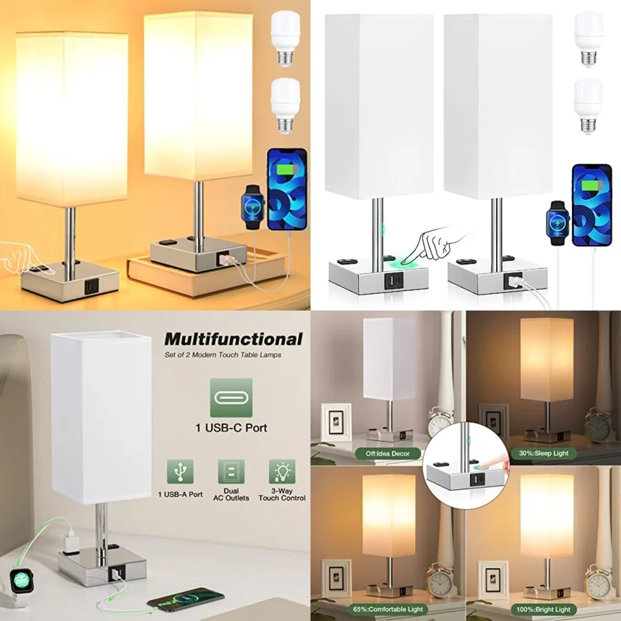 Set of 2 Touch Nightstand Lamp with USB-C+A Charge Portsand AC Outlets, 3-Way Dimmable Bedside Lamp with White Fabric Shade, Sm
Set of 2 Touch Nightstand Lamp with USB-C+A Charge Portsand AC Outlets, 3-Way Dimmable Bedside Lamp with White Fabric Shade, Sm