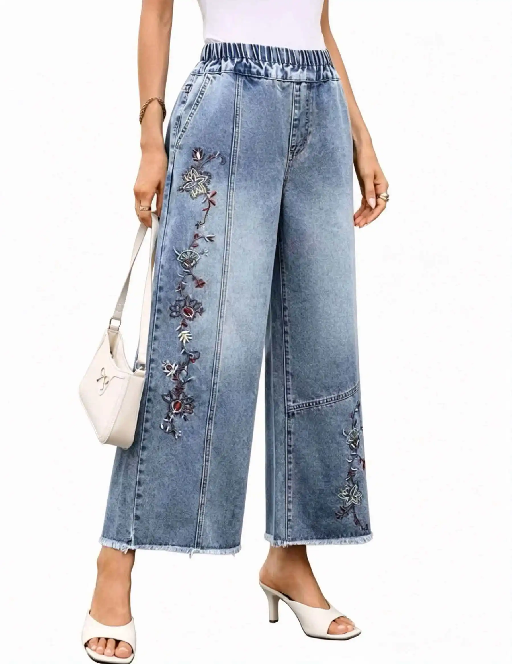 Elastic-waist embroidered wide-leg jeans for women, high-waisted slimming cropped jeans with frayed hems
Elastic-waist embroidered wide-leg jeans for women, high-waisted slimming cropped jeans with frayed hems