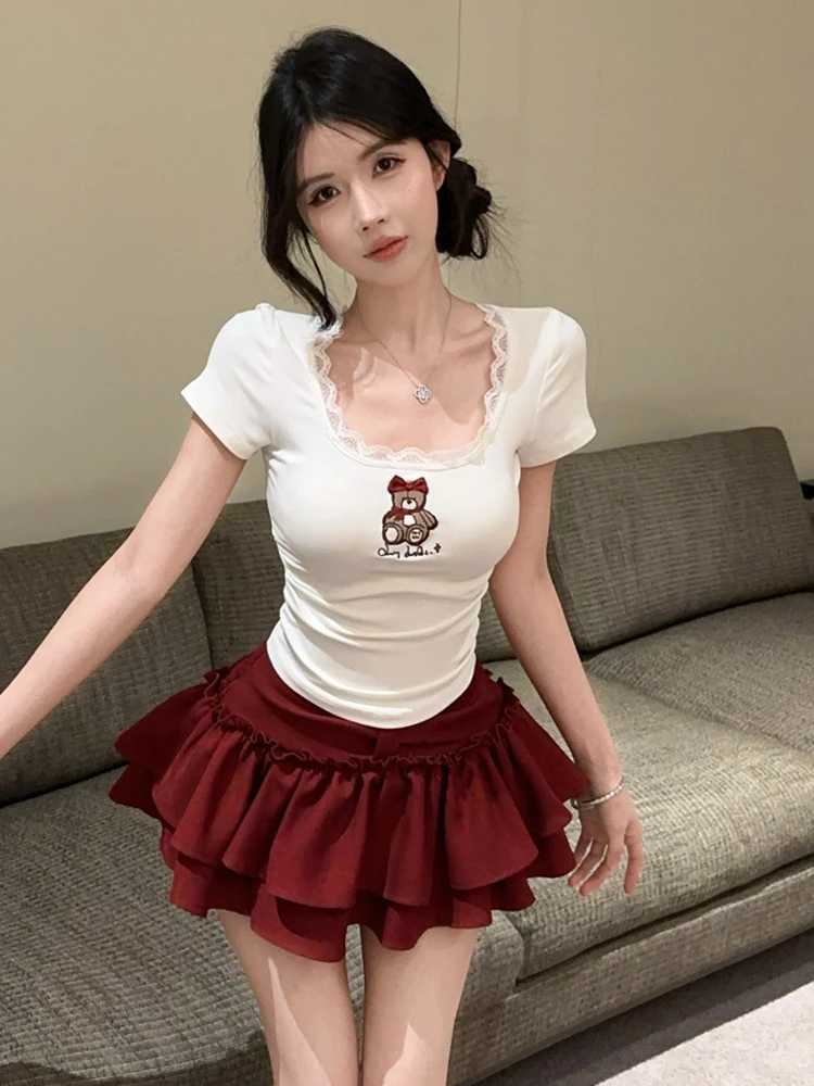 Fashionable Sexy Lace Short Sleeve T-Shirt Slim Fit High Waist Half Body Skirt JK Uniform Two Piece Set Small Size Square Collar
Fashionable Sexy Lace Short Sleeve T-Shirt Slim Fit High Waist Half Body Skirt JK Uniform Two Piece Set Small Size Square Collar