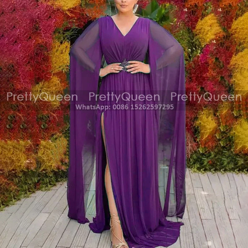 Purple Chiffon A Line Mother of the Bride Dresses V Neck Side Slit Long Sheer Cloak Beaded Wedding Party Dress Customized
Purple Chiffon A Line Mother of the Bride Dresses V Neck Side Slit Long Sheer Cloak Beaded Wedding Party Dress Customized