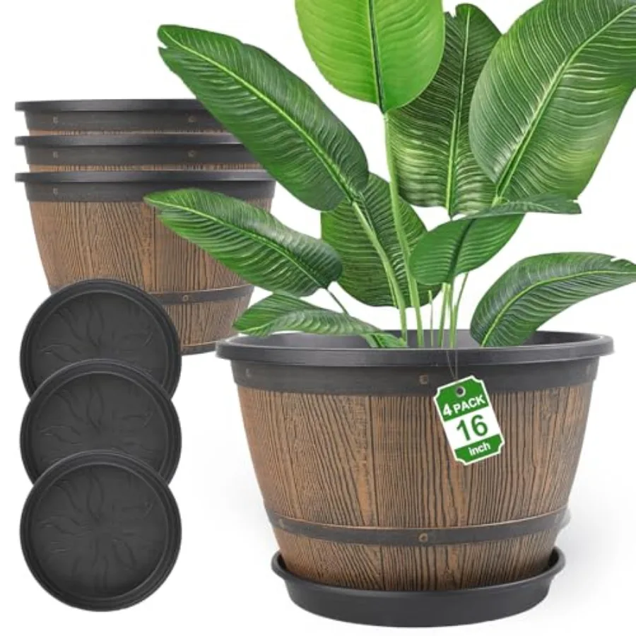Indoor/Outdoor 16-inch Plant Pots, Plastic Whiskey Barrel Design with Drainage Holes Saucer, Brown, Lightweight Decorative Gard
Indoor/Outdoor 16-inch Plant Pots, Plastic Whiskey Barrel Design with Drainage Holes Saucer, Brown, Lightweight Decorative Gard