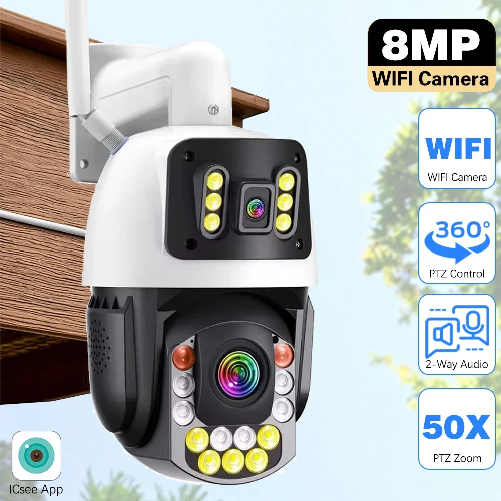 Двойной объектив, двойной экран, 8 МП, 4K HD, 50-кратный зум, Wi-Fi, PTZ-камера, наружная камера обнаружения движения, цветная IP-камера ночного видения iCSee
Двойной объектив, двойной экран, 8 МП, 4K HD, 50-кратный зум, Wi-Fi, PTZ-камера, наружная камера обнаружения движения, цветная IP-камера ночного видения iCSee