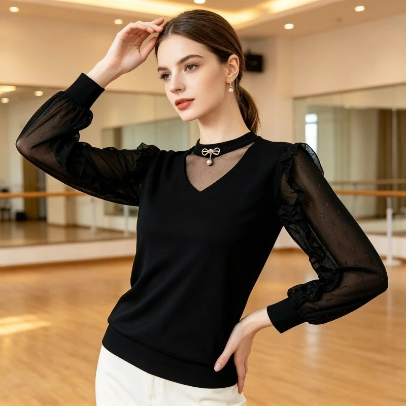 Women Ruffle Mesh Long Sleeve Latin Dance Top Slim Fit Black Lace Mock Neck Ballroom Salsa Tango Standard Dance Training Costume
Women Ruffle Mesh Long Sleeve Latin Dance Top Slim Fit Black Lace Mock Neck Ballroom Salsa Tango Standard Dance Training Costume
