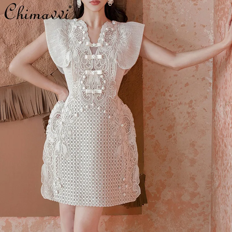 French Elegant Socialite Lace Dresses Summer V-Neck Sleeveless Embroidered Beads High Waist A-line Short Evening Dress For Women
French Elegant Socialite Lace Dresses Summer V-Neck Sleeveless Embroidered Beads High Waist A-line Short Evening Dress For Women