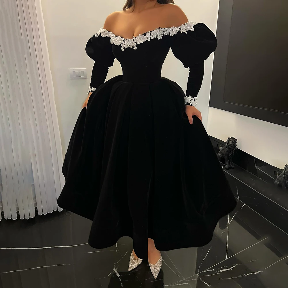 Custom Made Black Off Shoulder Velet Sequins Lace Evening Dress Long Sleeve Tea-Leng Princess Backless Prom Party Dress Birthday
Custom Made Black Off Shoulder Velet Sequins Lace Evening Dress Long Sleeve Tea-Leng Princess Backless Prom Party Dress Birthday
