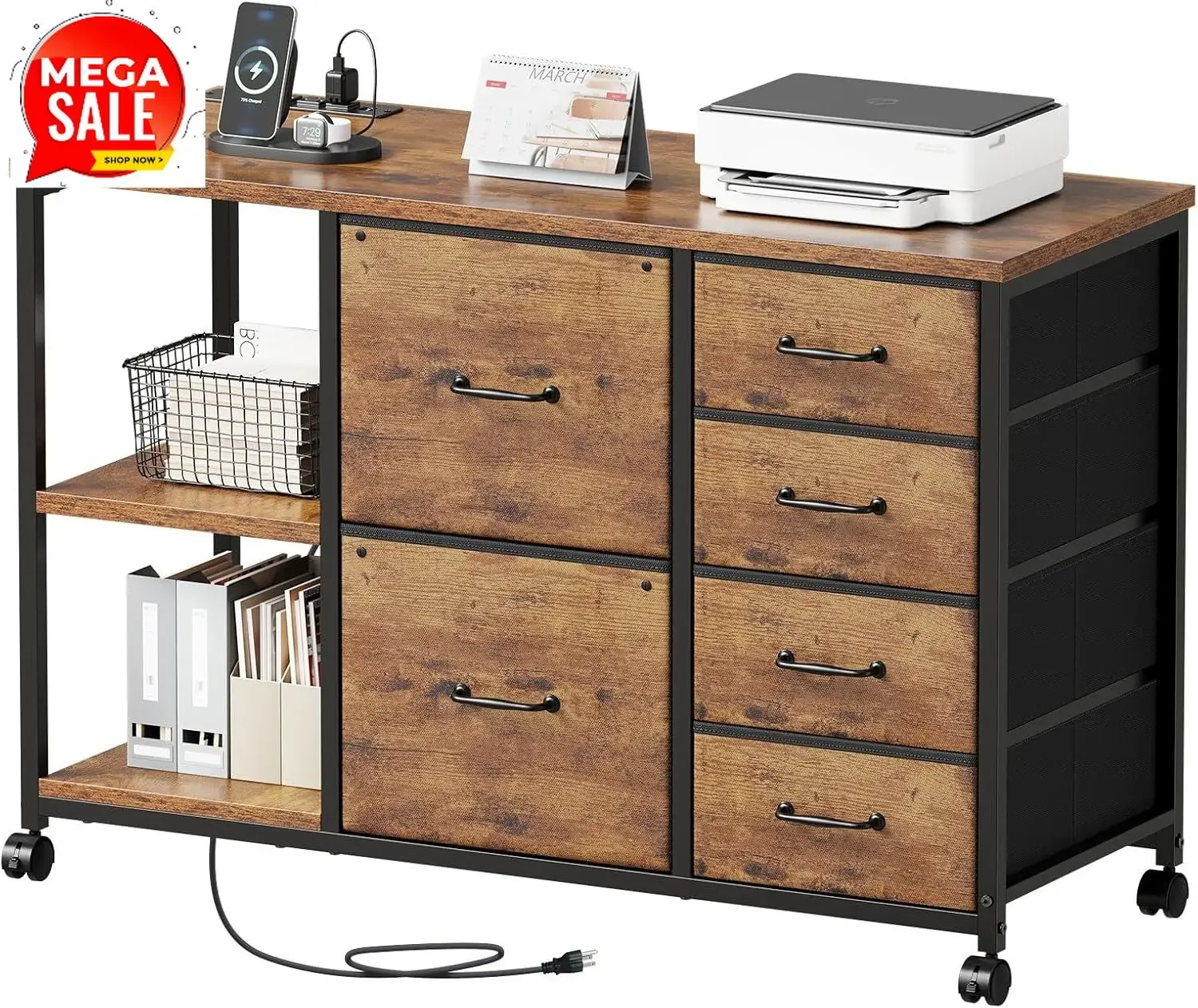 Rolling Printer Stand With Charging Station Six Drawer Lateral Filing Cabinet Open Storage Shelf Home Office Rustic Brown Fabric
Rolling Printer Stand With Charging Station Six Drawer Lateral Filing Cabinet Open Storage Shelf Home Office Rustic Brown Fabric