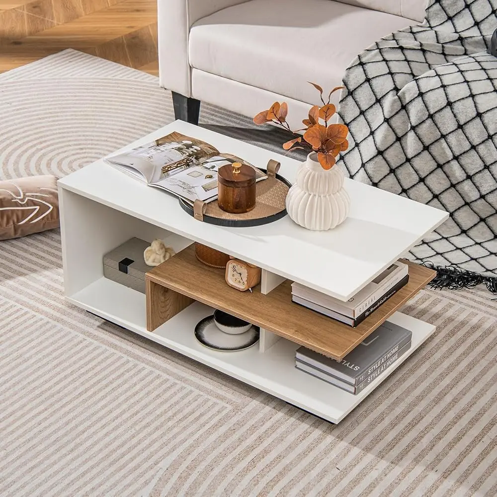 Modern Rectangular Accent Table with L-Shaped Middle Shelf, 3-Tier Cocktail Table for Living Room (Natural and White)
Modern Rectangular Accent Table with L-Shaped Middle Shelf, 3-Tier Cocktail Table for Living Room (Natural and White)