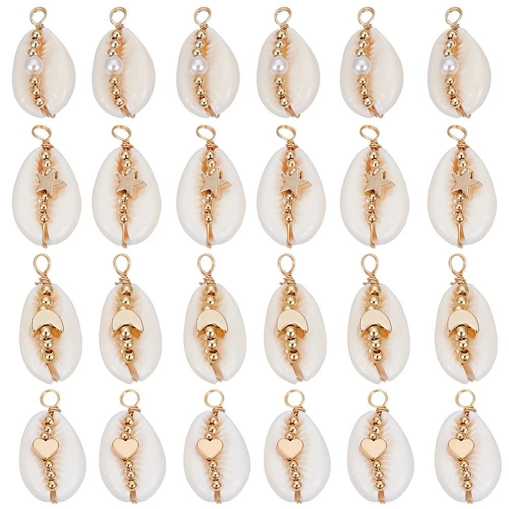 24Pcs 4 Styles Cowrie Shell Copper Wire Wrapped Pendants Shell Charms with Cultured Freshwater Pearl Beads
24Pcs 4 Styles Cowrie Shell Copper Wire Wrapped Pendants Shell Charms with Cultured Freshwater Pearl Beads